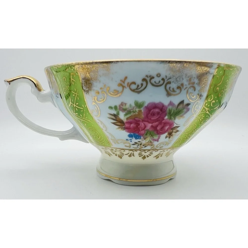 Wales Porcelain Teacup Saucer Lusterware Floral Green Gold Japan Vintage Set